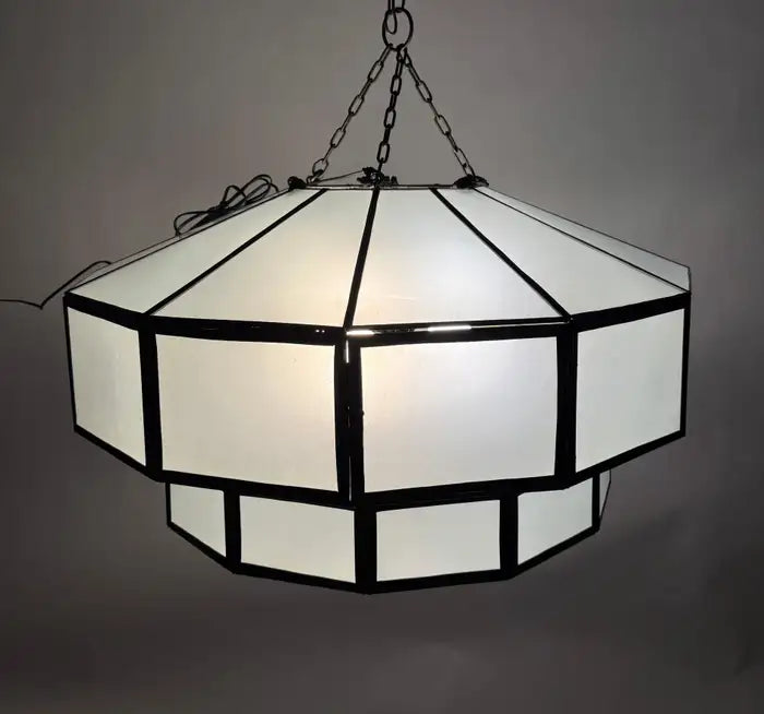 Art Deco Style Large Circular White Milk Glass & Bronze Pendant, Chandelier