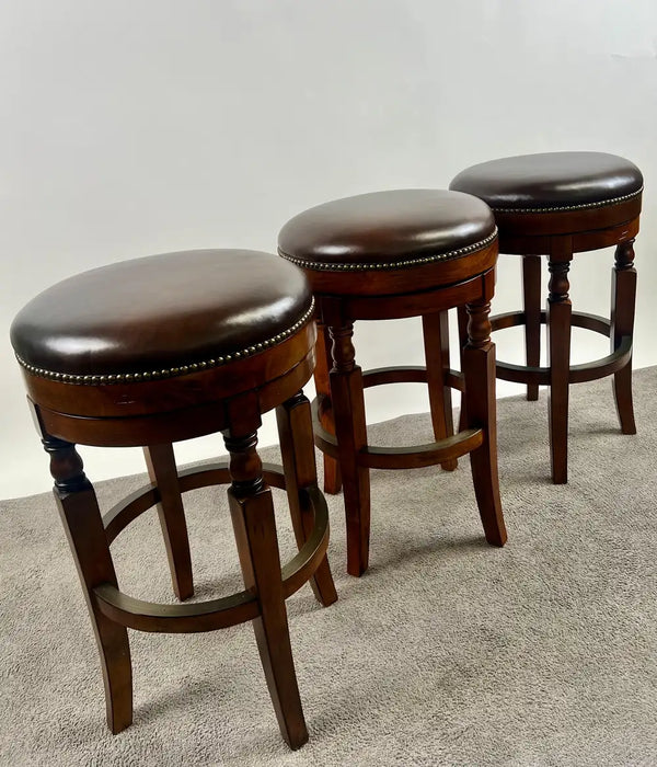 Vintage Traditional Style Frontgate Studded Leather Swivel Stool, a Set of 3