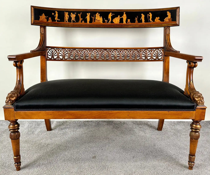 Italian Neoclassical Style Settee with Carved Wood and Black Upholstery