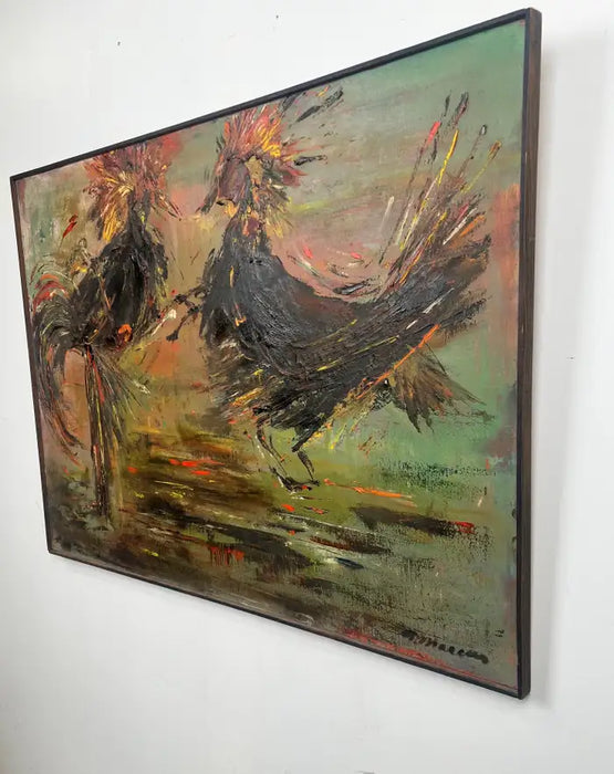 Alice Marcus " The Cockfight " Oil Painting on Canvas , Signed & Framed 1981