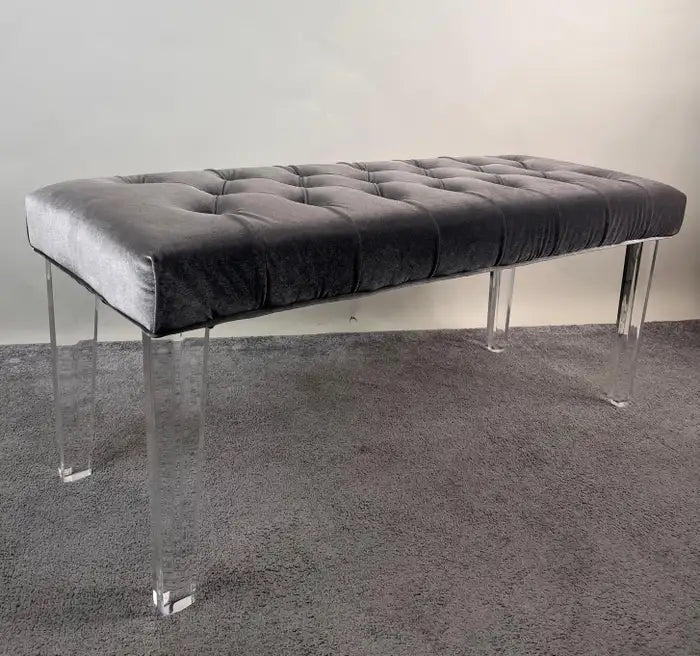 Mid Century Modern Style Grey Velvet Tufted Upholstery & Lucite Legs Bunch