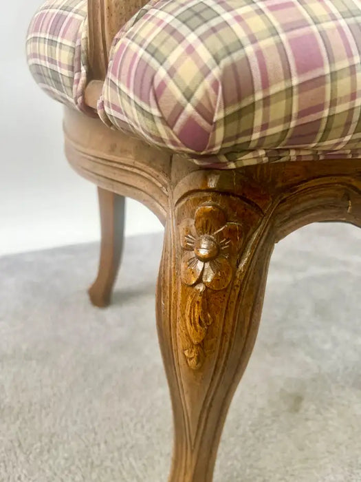 French Provincial Louis XV Style Cane Back with Plaid Upholstery Chair, a Pair