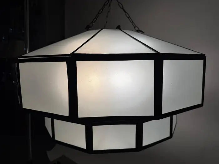 Art Deco Style Large Circular White Milk Glass & Bronze Pendant, Chandelier