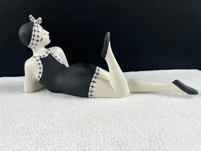 French Style Bathing Beauty Resin Figurine in Black & White Gingham Swimsuit