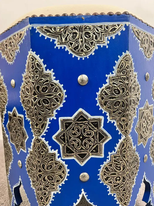 Boho Chic Moroccan Blue & Filigree Silver Design with White Leather Top Stool