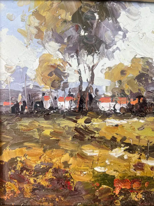 Mid-Century Italian School Oil on Board Palette Knife Landscape Painting, Signed 1950's