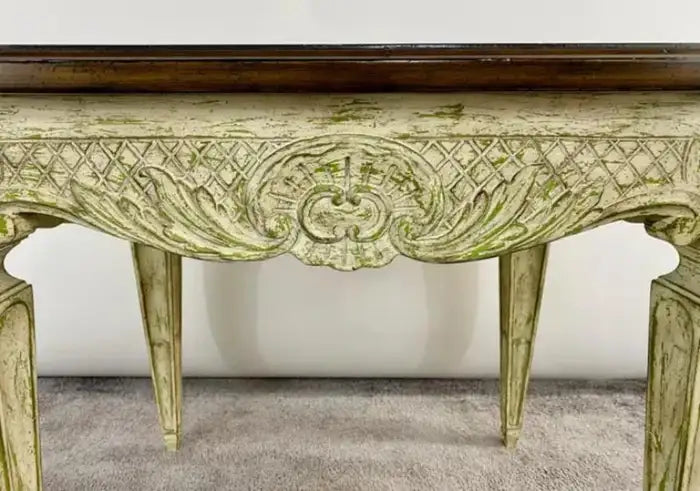 French Louis XVI Style Carved & Antiqued Finish Green Side or End Table