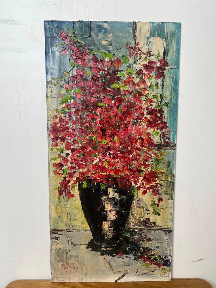 Helen Botway Bougainvillea in a Dark Urn Oil on Board Painting, Signed 1960's