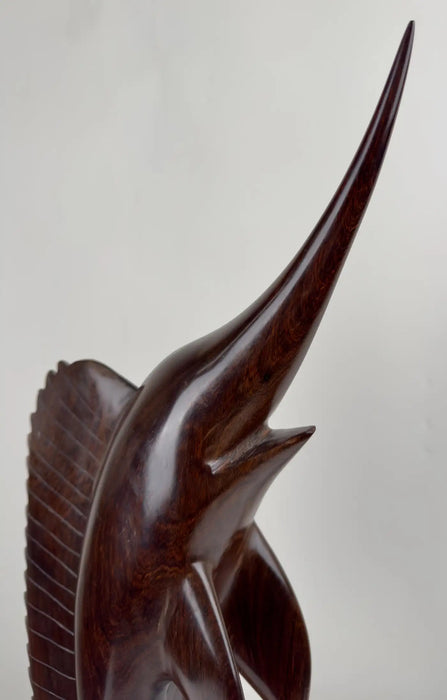 Mid-Century Hand-Carved Iron Wood Swordfish Sculpture