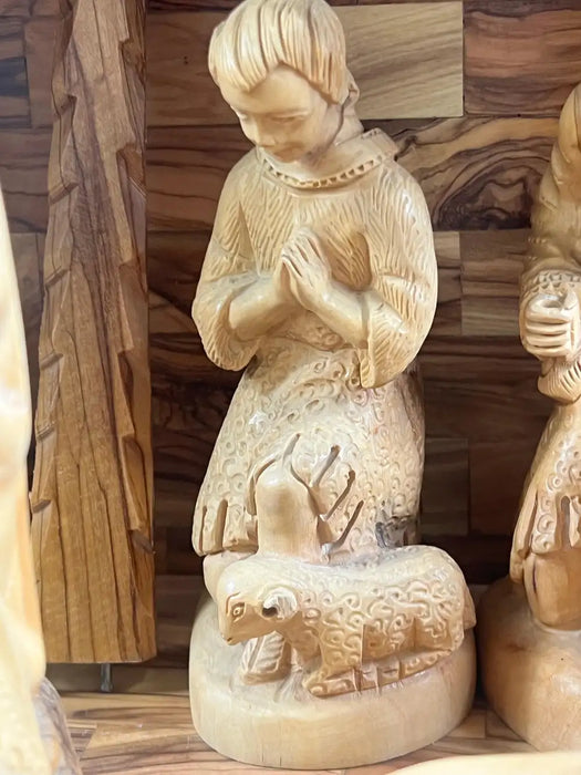 Religious Hand Carved Olive Wood Nativity Set with Stable, Holy Family, Wise Men