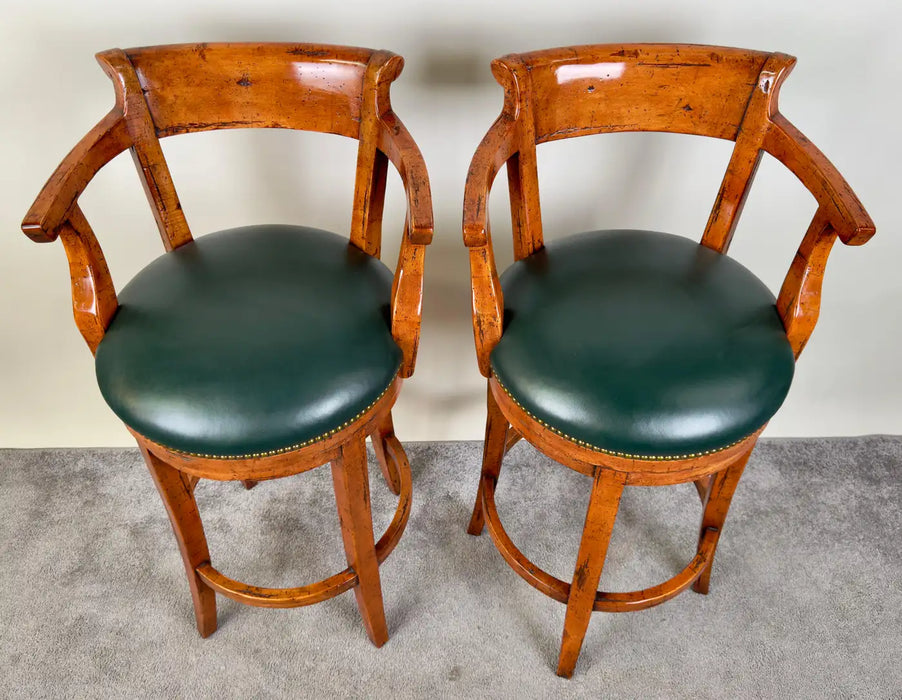 Biedermeier Style Oak Wood Swivel Bar Stool with Green Leather Seat, a Pair