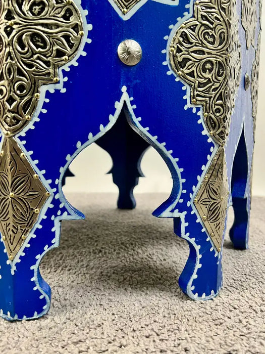 Boho Chic Moroccan Blue & Filigree Silver Design with White Leather Top Stool