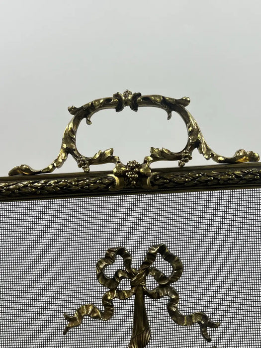Antique French Art Nouveau Brass Firescreen with Floral & Ribbon Bouquet