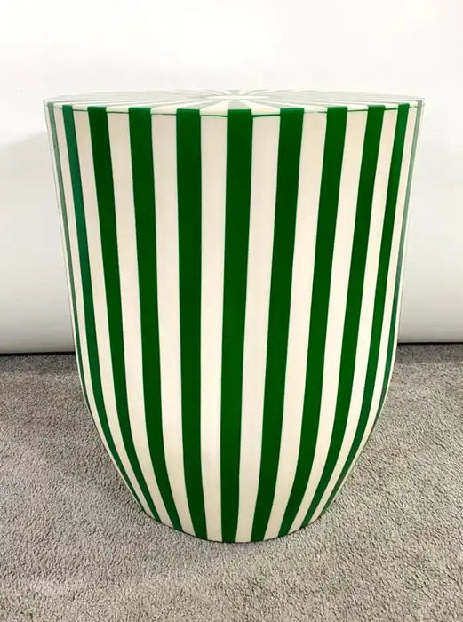 Art Deco Style Green & White Cylindrical Resin Side, End Table or Stool, a Pair