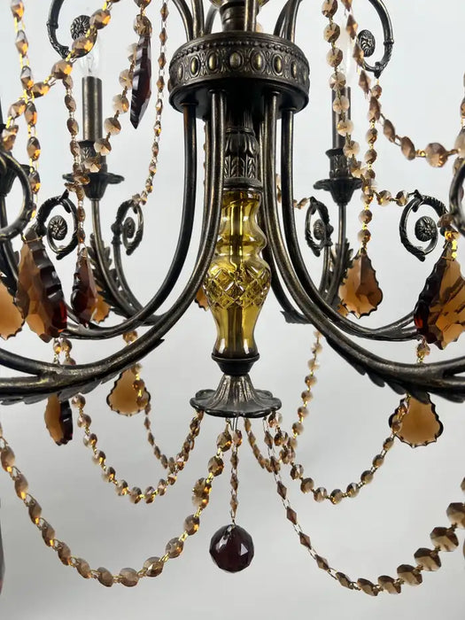 French Rococo Revival Bronzed Chandelier with Amber Glass Drops, 6 Arms