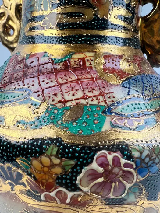 Vintage Royal Satsuma Japanese Hand-Painted Urn Style Vase, a Pair