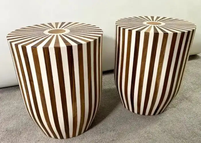 Art Deco Style Brown & White Cylindrical Walnut Resin End Table or Stool, a Pair