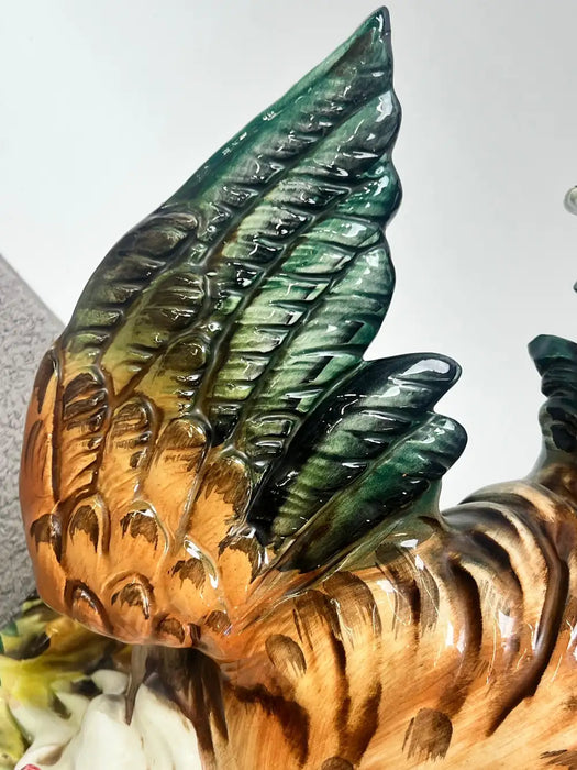 Vintage Hand-Painted Italian Majolica Ceramic Fighting Rooster Sculpture, a Pair 1980's