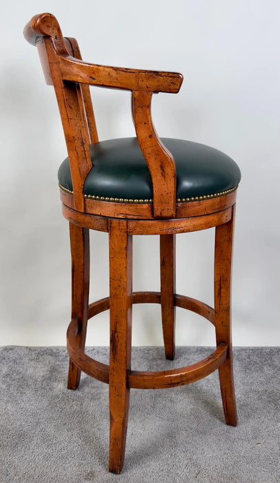 Biedermeier Style Oak Wood Swivel Bar Stool with Green Leather Seat, a Pair