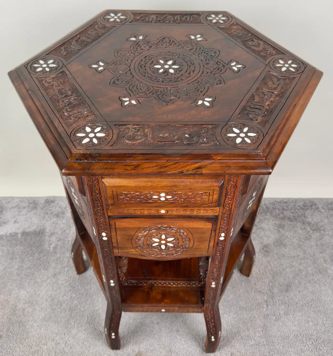 Vintage Syrian Hexagonal Walnut and Bone inlay Hand -Carved Center of End Table