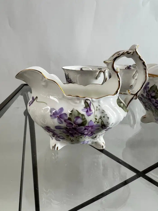 Hammersley “Victorian Violets” English Bone China Tea Set w Gold Trim, 15 pcs