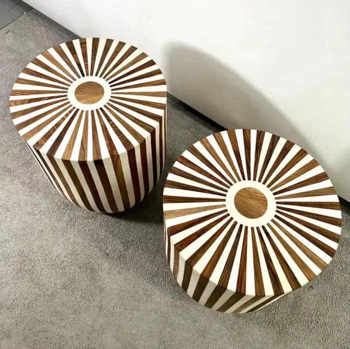 Art Deco Style Brown & White Cylindrical Walnut Resin End Table or Stool, a Pair