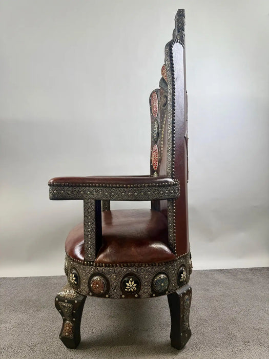Portuguese Colonial Style Leather & Filigree Design Throne Chair
