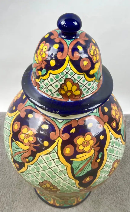 Mexican Talavera Multi-color Handmade Pottery Lidded Vase or Urn