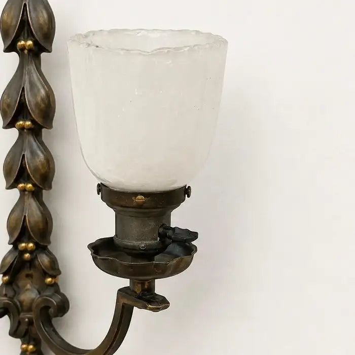 Art Nouveau Two Arms Bronze w Frosted Milk Glass Shades Wall Sconce, a set of 3