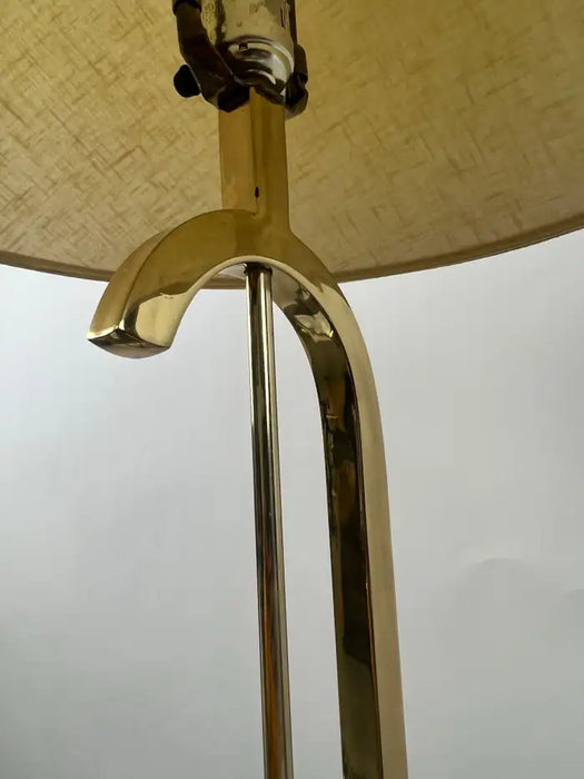 Mid-Century Modern Brass Table Lamp w Marble Base & Original Fabric Shade, Pair