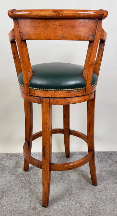 Biedermeier Style Oak Wood Swivel Bar Stool with Green Leather Seat, a Pair