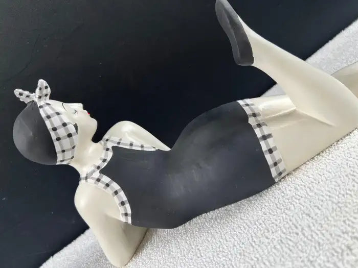 French Style Bathing Beauty Resin Figurine in Black & White Gingham Swimsuit