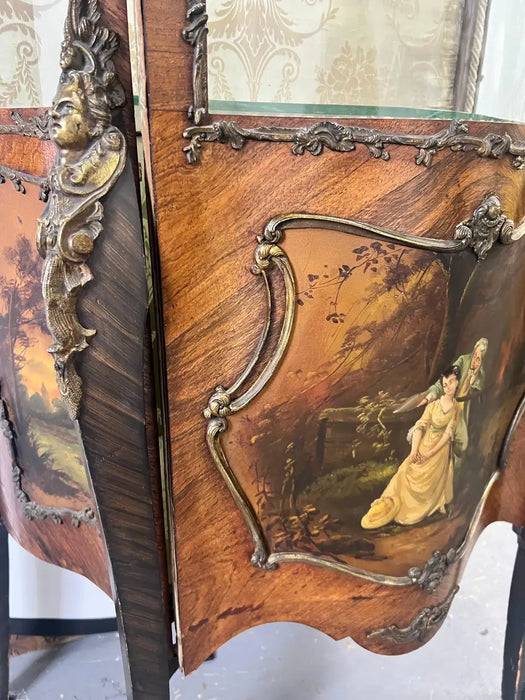 Antique 19th C. French Louis XV Vernis Martin Ormolu Serpentine Vitrine Cabinet
