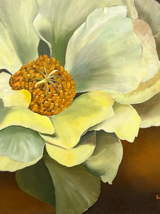 Modern Floral Still Life with White Bloom Oil on Canvas Signed by artist 1990's