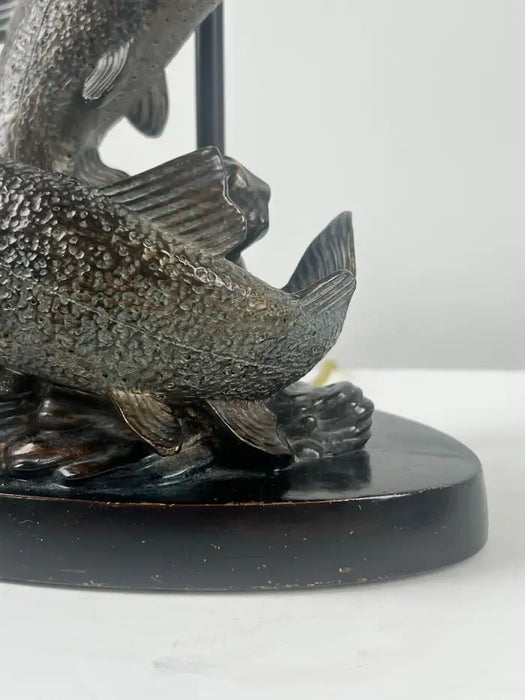 Rustic Style Flying Trout Table Lamp with Bronzed Base and Faux Leather Shade