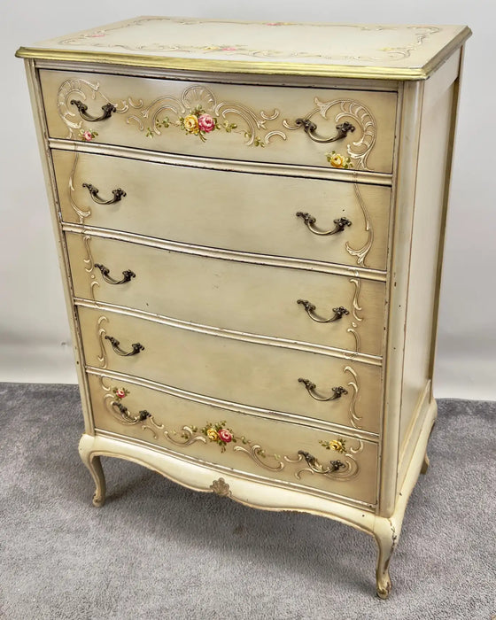 French Provincial Style Highboy Chest of Drawers or Dresser with Floral Design