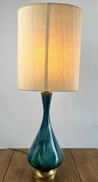 Mid-Century Modern Green Malachite Teardrop Design Table Lamp w Custom Shade