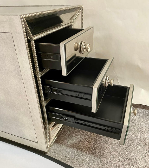 Modern Directoire Style Mirrored Studded 3-Drawer Nightstand, a Pair