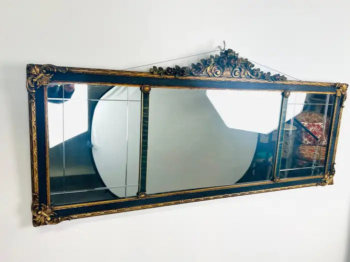 French Rococo Revival w Art Deco Flair Gilt & Ebony Three-Panel Mantel Mirror