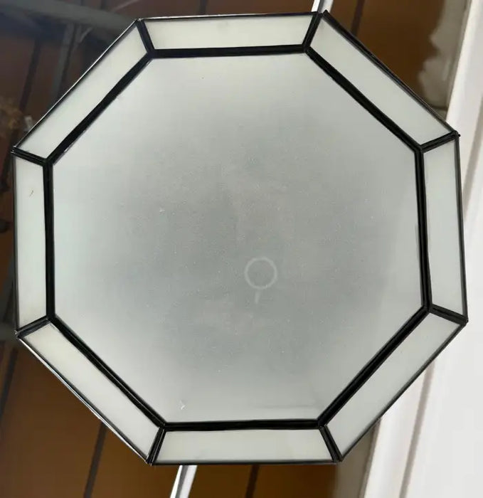 Art Deco Style White Milk Glass and Bronze Octagon Shape Pendant or Flush Mount