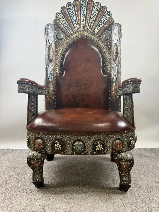 Portuguese Colonial Style Leather & Filigree Design Throne Chair