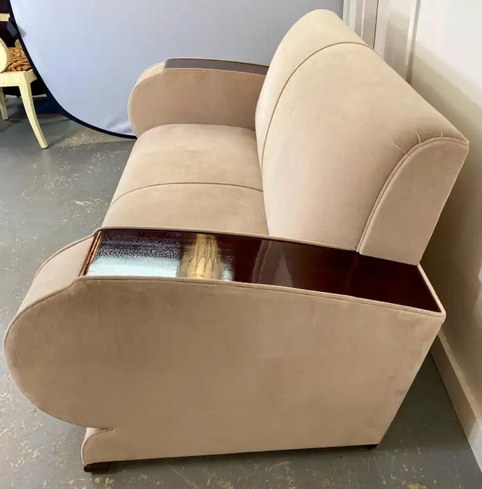 French Art Deco Sofa or Settee with Beige Velvet Upholstery & Rosewood Armrests