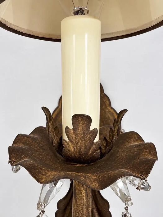 French Regency Style Bronze Wall Sconces with Crystal Drops and Shades, a Pair