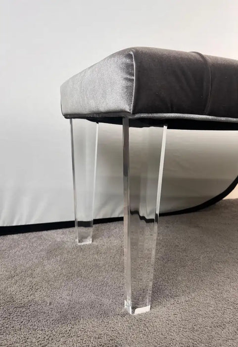 Mid Century Modern Style Grey Velvet Tufted Upholstery & Lucite Legs Bunch