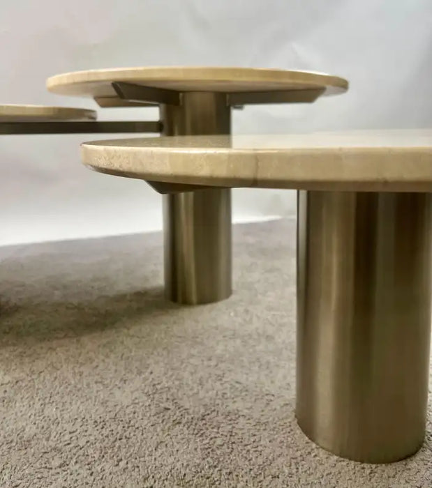Organic Modern Travertine Three-Tier Circular Coffee Table with Metal Base