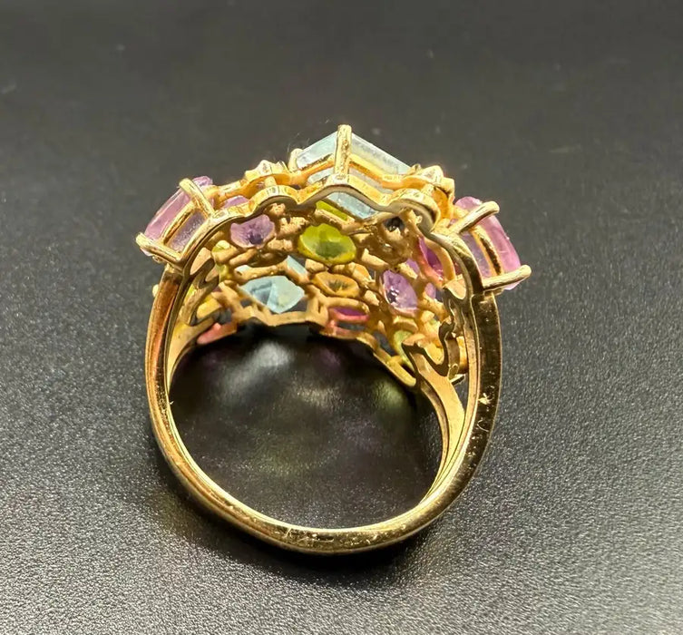 Multi-Gemstone 18K Gold Statement Cocktail Ring, Aquamarine Peridot Amethyst