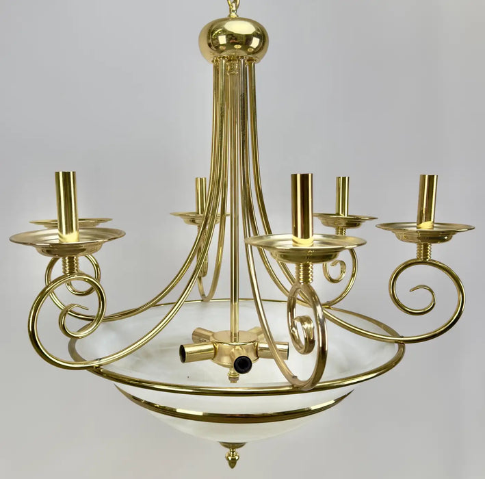 Art Deco Brass Chandelier with White Milk Frosted Glass Bottom Bowl, 6 Arms