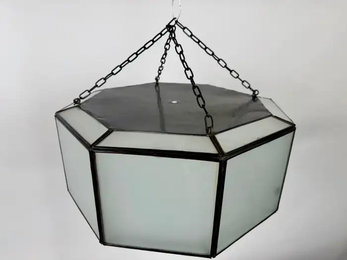Art Deco Style White Milk Glass and Bronze Octagon Shape Pendant or Flush Mount