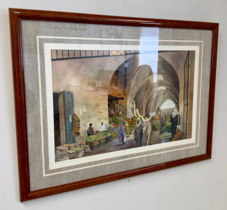 Lewis Barrett Lehrman Watercolor Entitled "Market, old City", Framed & Signed