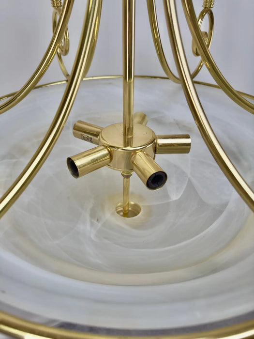 Art Deco Brass Chandelier with White Milk Frosted Glass Bottom Bowl, 6 Arms